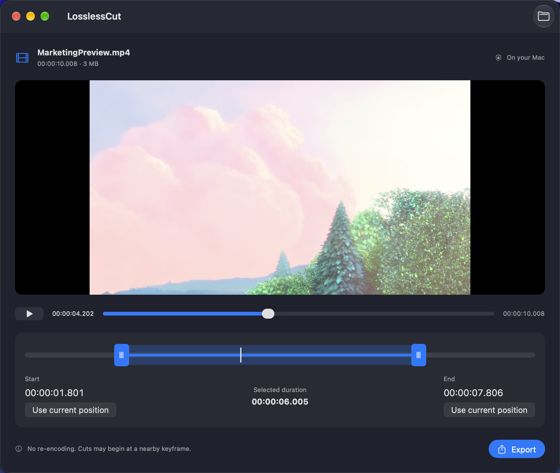 LosslessCut editor showing video preview, timeline trim handles, and export controls